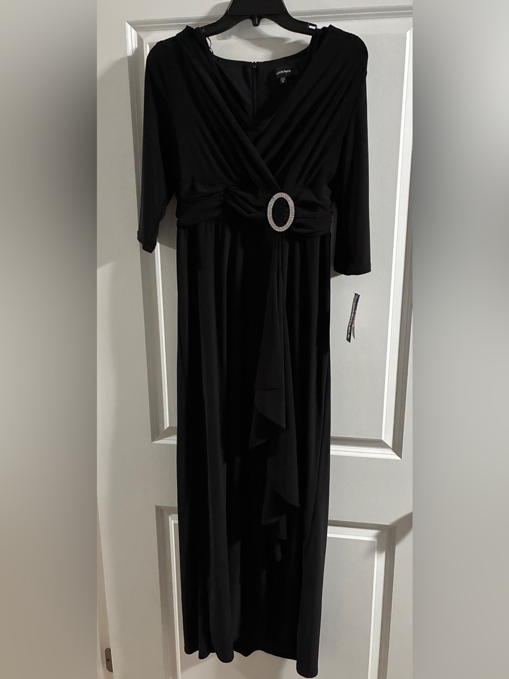 R&M Richards Black Long Sleeve Evening Gown with Rhinestone Buckle